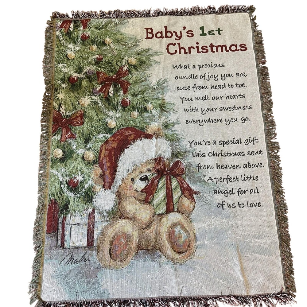 Vintage Baby's First Christmas Tapestry Throw Blanket 50" X 37"